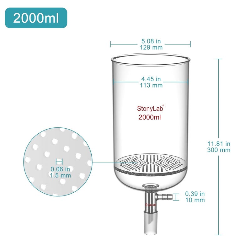 stonylab Glass Buchner Filtering Funnel, Borosilicate Glass Plate Filter Funnel with 10 mm Hose Connection and 24/40 Standard Joint for Filter Test, 2000 ml - Image 2
